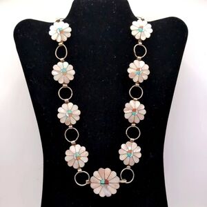 Sterling Silver Zuni Native American Sun Face MOP Turquoise Concho Belt Necklace